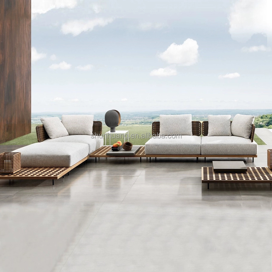 Outdoor Furniture Teak Wood - Conjunto de Sofá Moderno para Jardim,